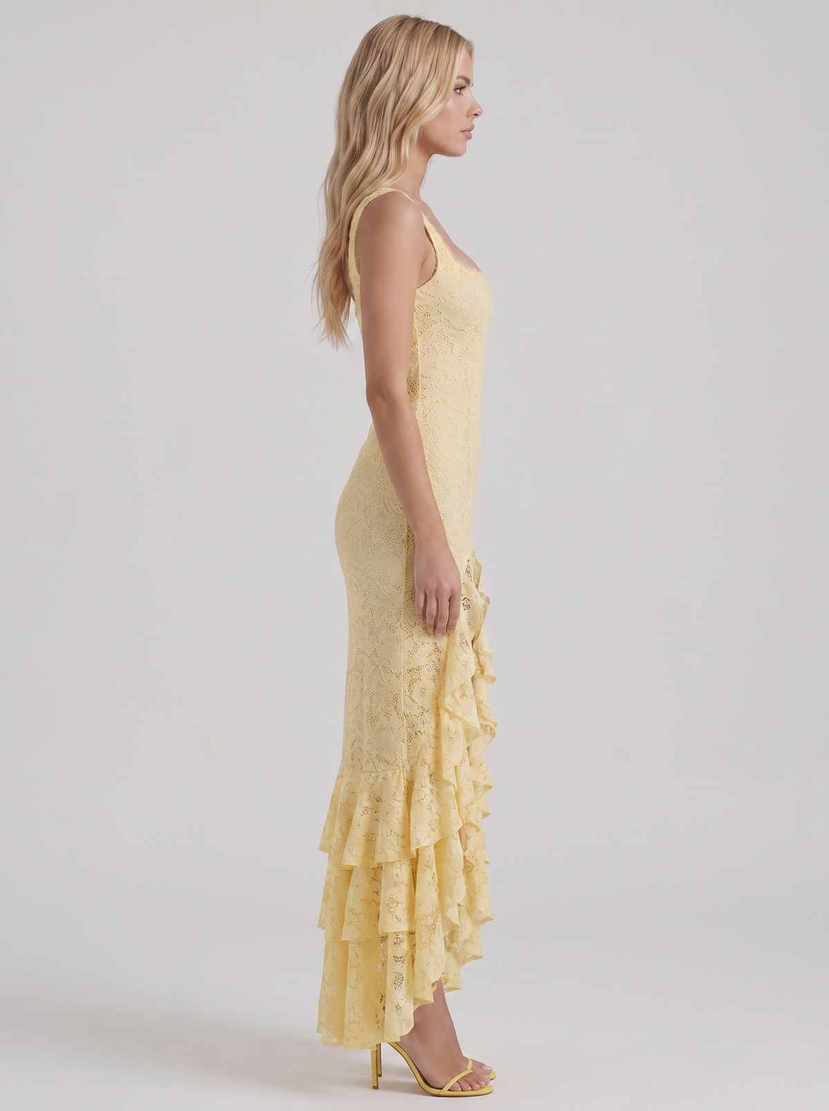 Lace Ruffled High Slit Maxi Dress