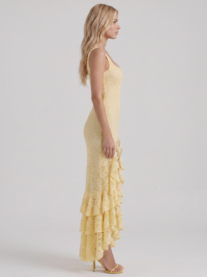 Lace Ruffled High Slit Maxi Dress