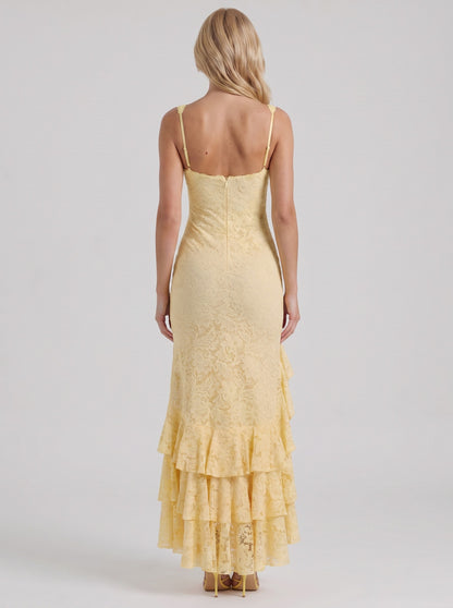 Lace Ruffled High Slit Maxi Dress