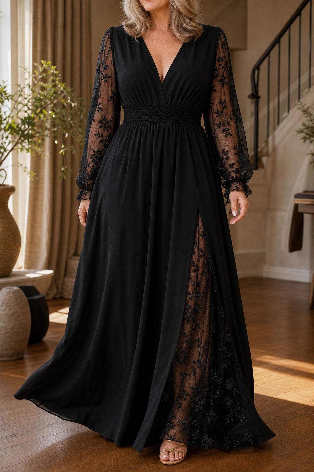 Lace Sleeve Smocked Maxi Dress