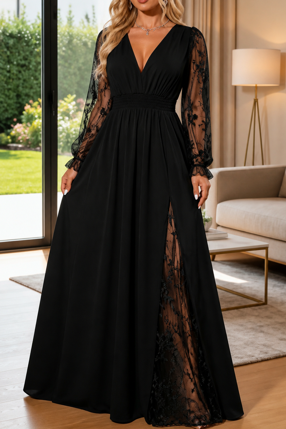 Lace Sleeve Smocked Maxi Dress