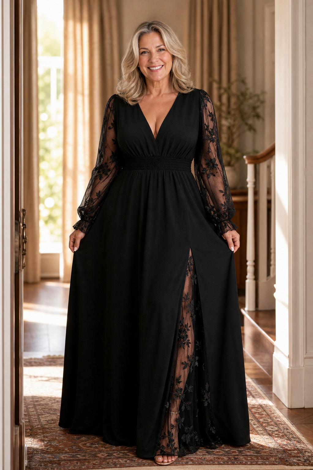 Lace Sleeve Smocked Maxi Dress