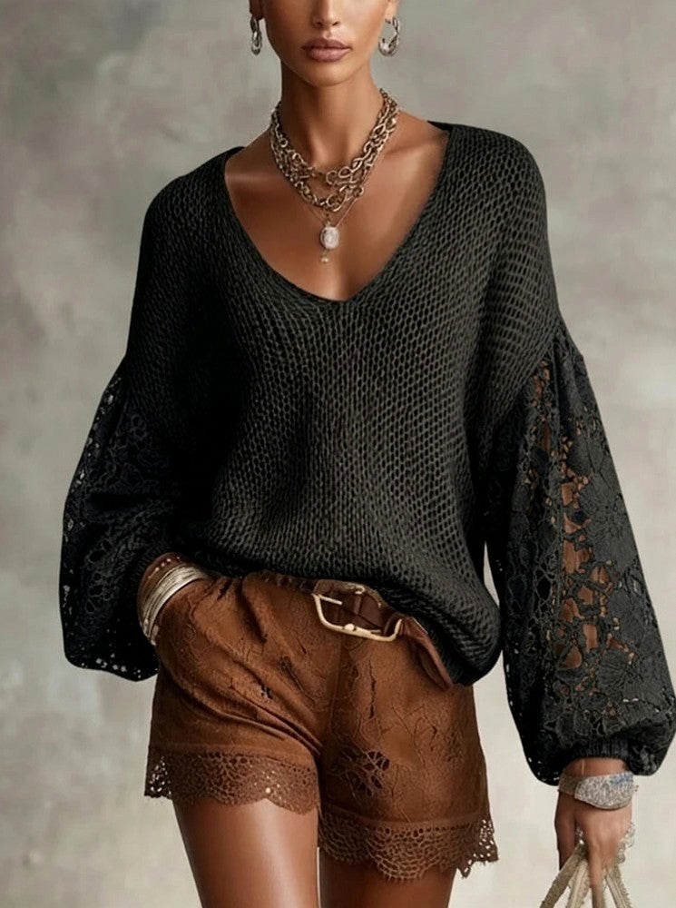 Knit Lace Balloon Sleeve Top