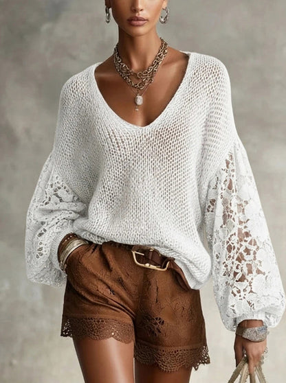 Knit Lace Balloon Sleeve Top
