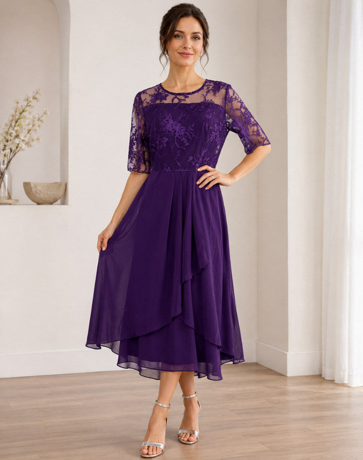 Lace 3/4 Sleeve Tiered A-Line Midi Dress