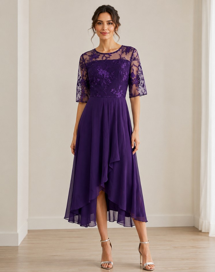 Lace 3/4 Sleeve Tiered A-Line Midi Dress