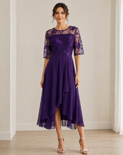 Lace 3/4 Sleeve Tiered A-Line Midi Dress