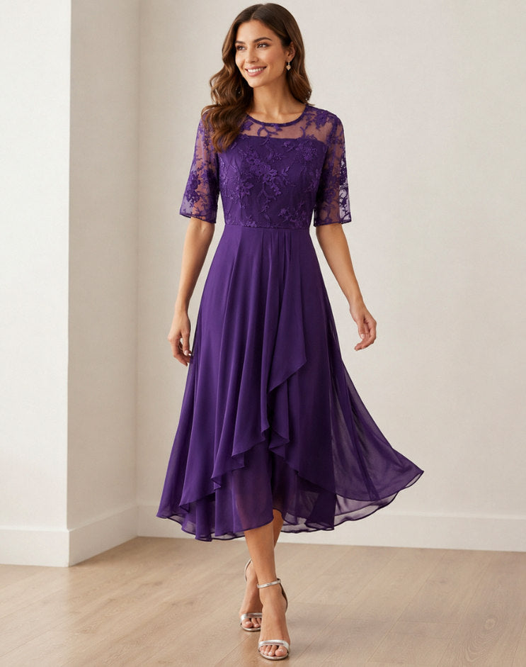 Lace 3/4 Sleeve Tiered A-Line Midi Dress