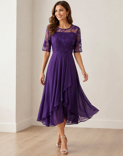 Lace 3/4 Sleeve Tiered A-Line Midi Dress