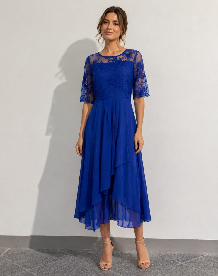 Lace 3/4 Sleeve Tiered A-Line Midi Dress