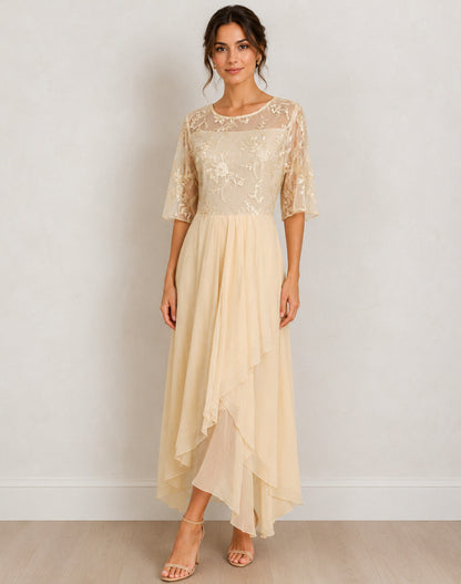 Lace 3/4 Sleeve Tiered A-Line Midi Dress