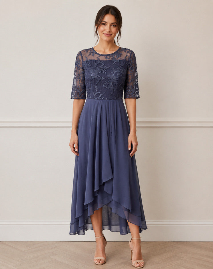 Lace 3/4 Sleeve Tiered A-Line Midi Dress