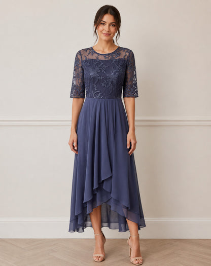 Lace 3/4 Sleeve Tiered A-Line Midi Dress