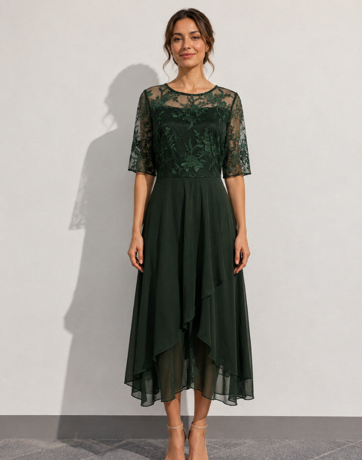 Lace 3/4 Sleeve Tiered A-Line Midi Dress