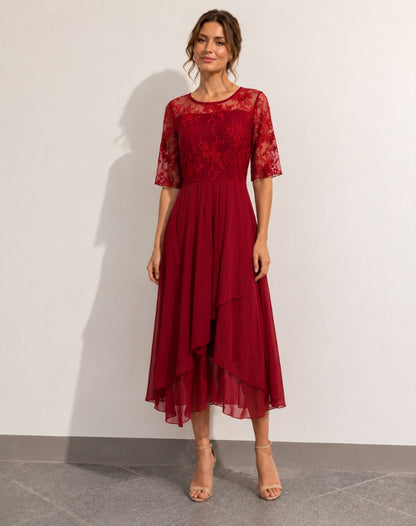 Lace 3/4 Sleeve Tiered A-Line Midi Dress