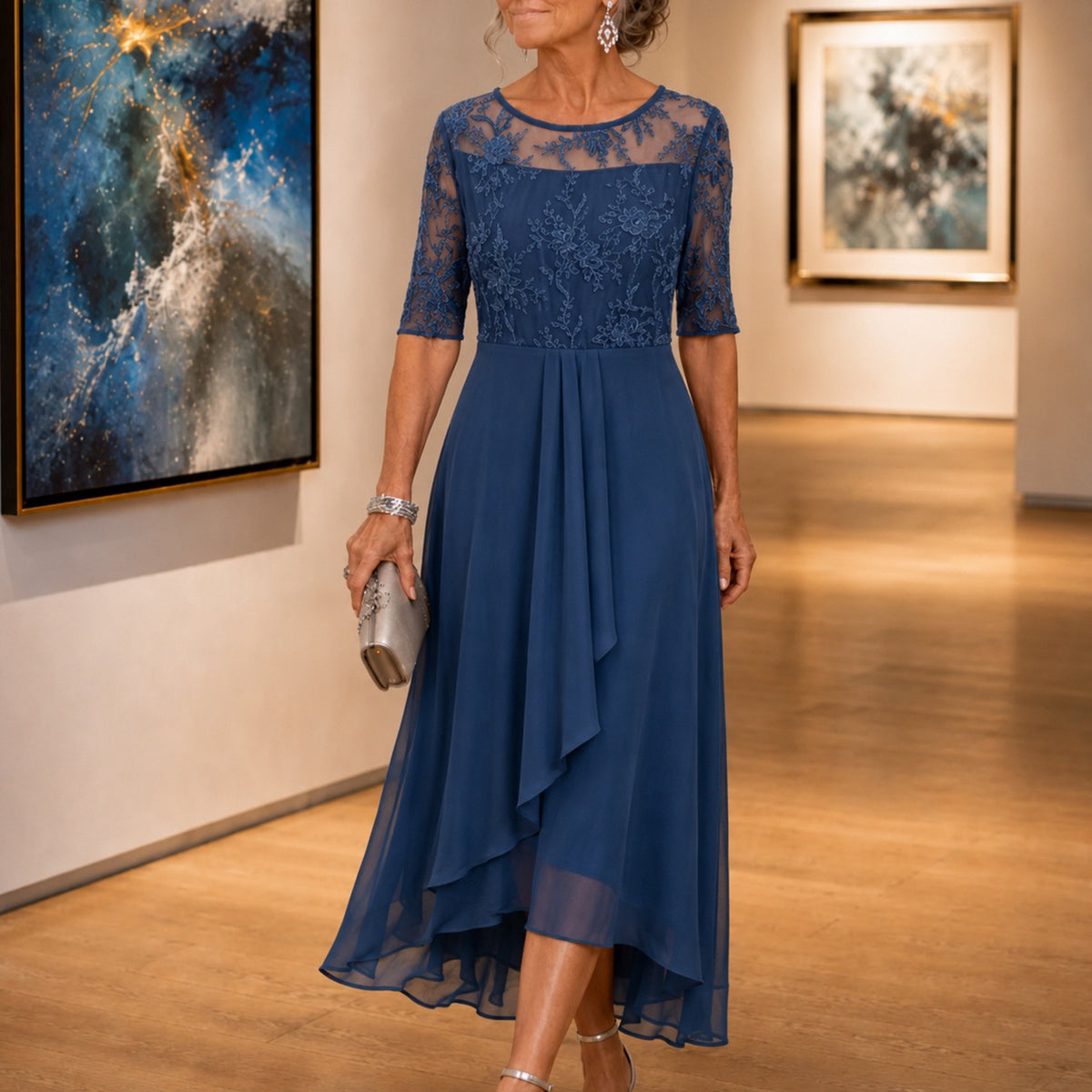 Lace Tiered Chiffon Midi Dress