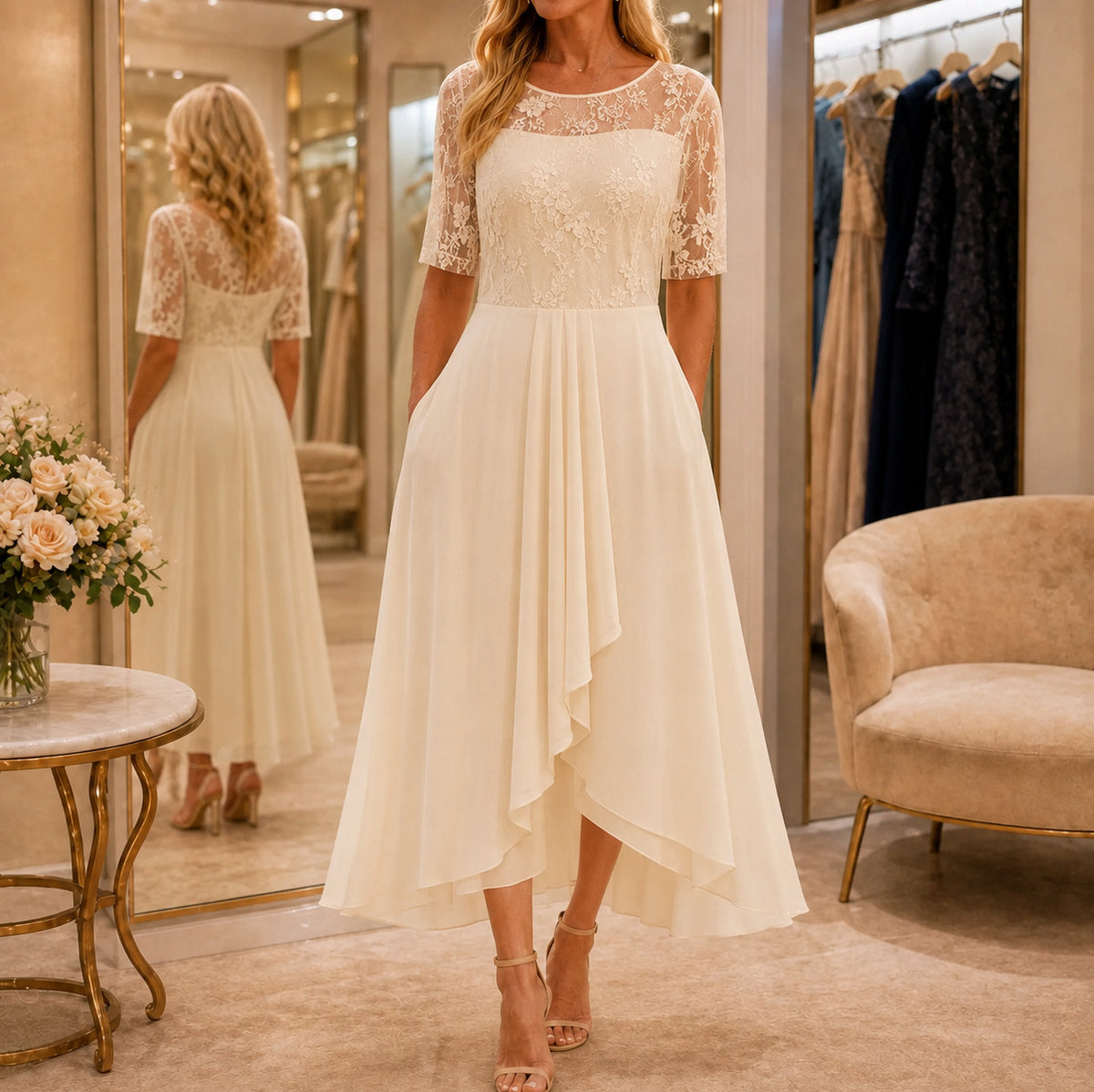 Lace Tiered Chiffon Midi Dress