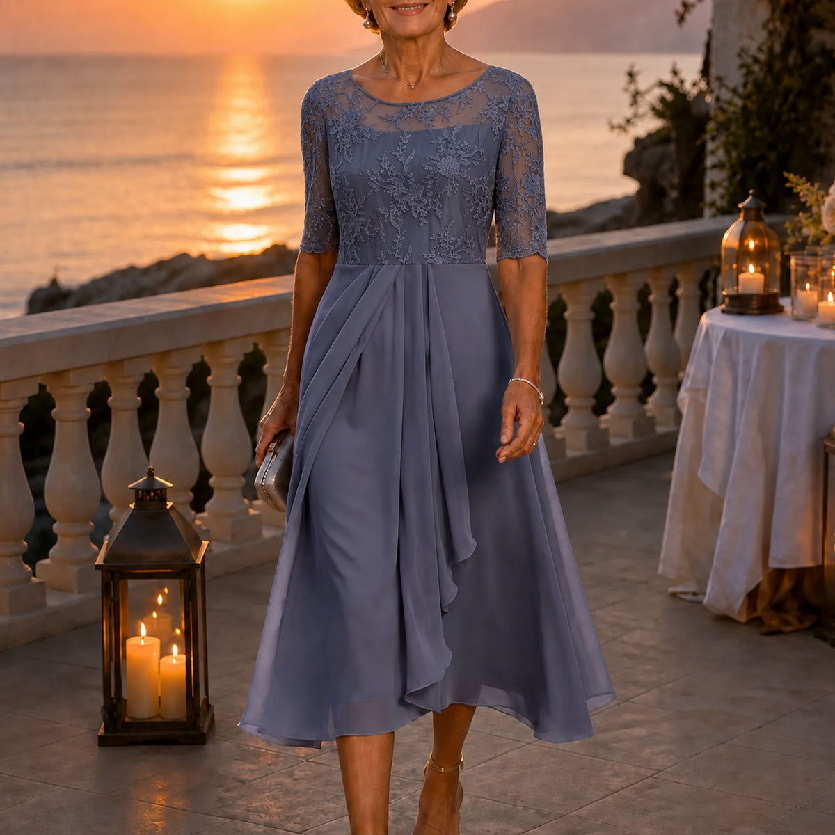 Lace Tiered Chiffon Midi Dress