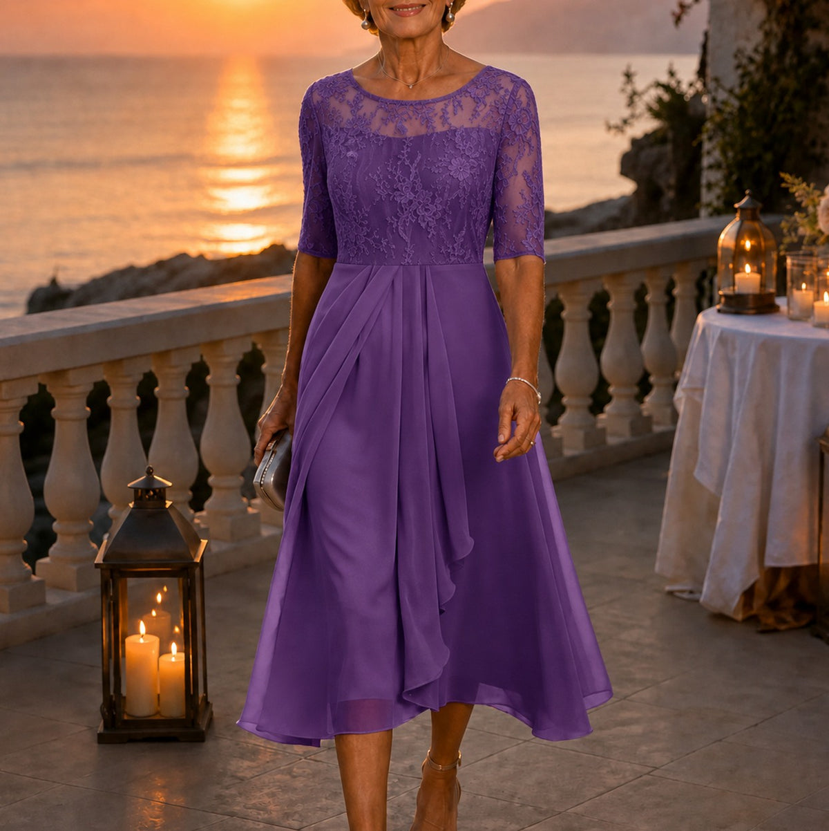 Lace Tiered Chiffon Midi Dress