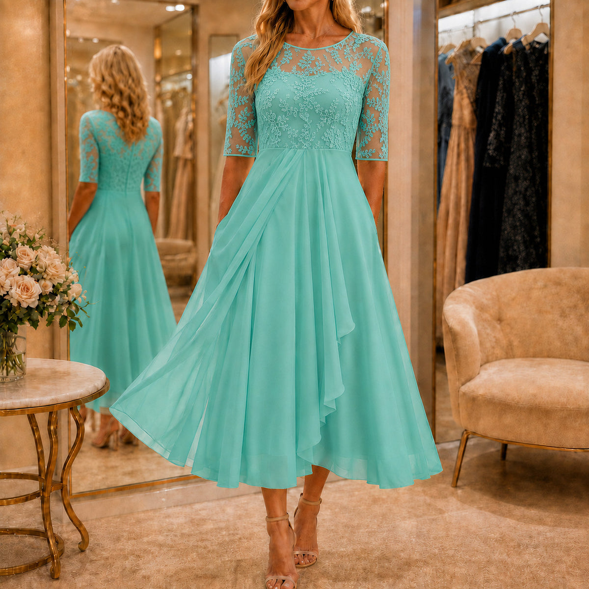 Lace Tiered Chiffon Midi Dress