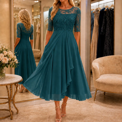 Lace Tiered Chiffon Midi Dress