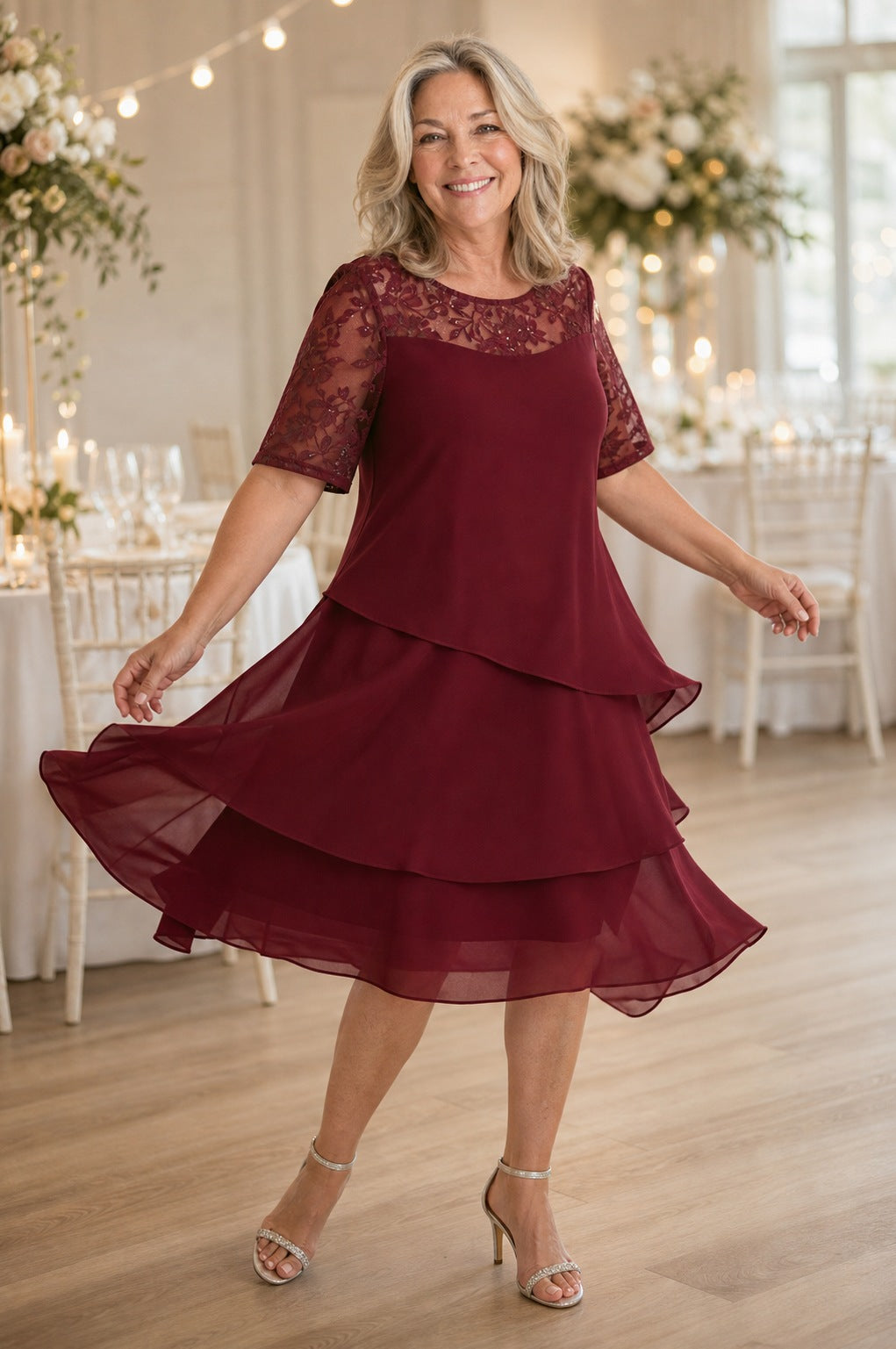 Lace Tiered Chiffon Midi Dress