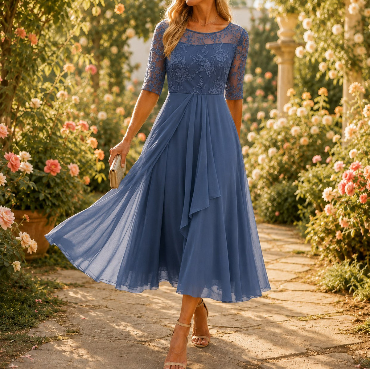 Lace Tiered Chiffon Midi Dress
