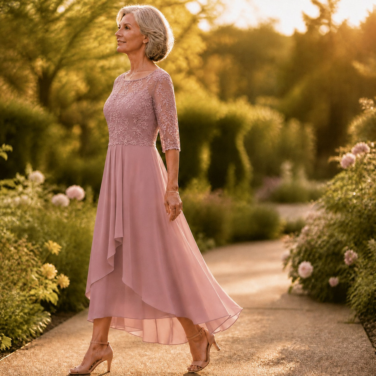 Lace Tiered Chiffon Midi Dress