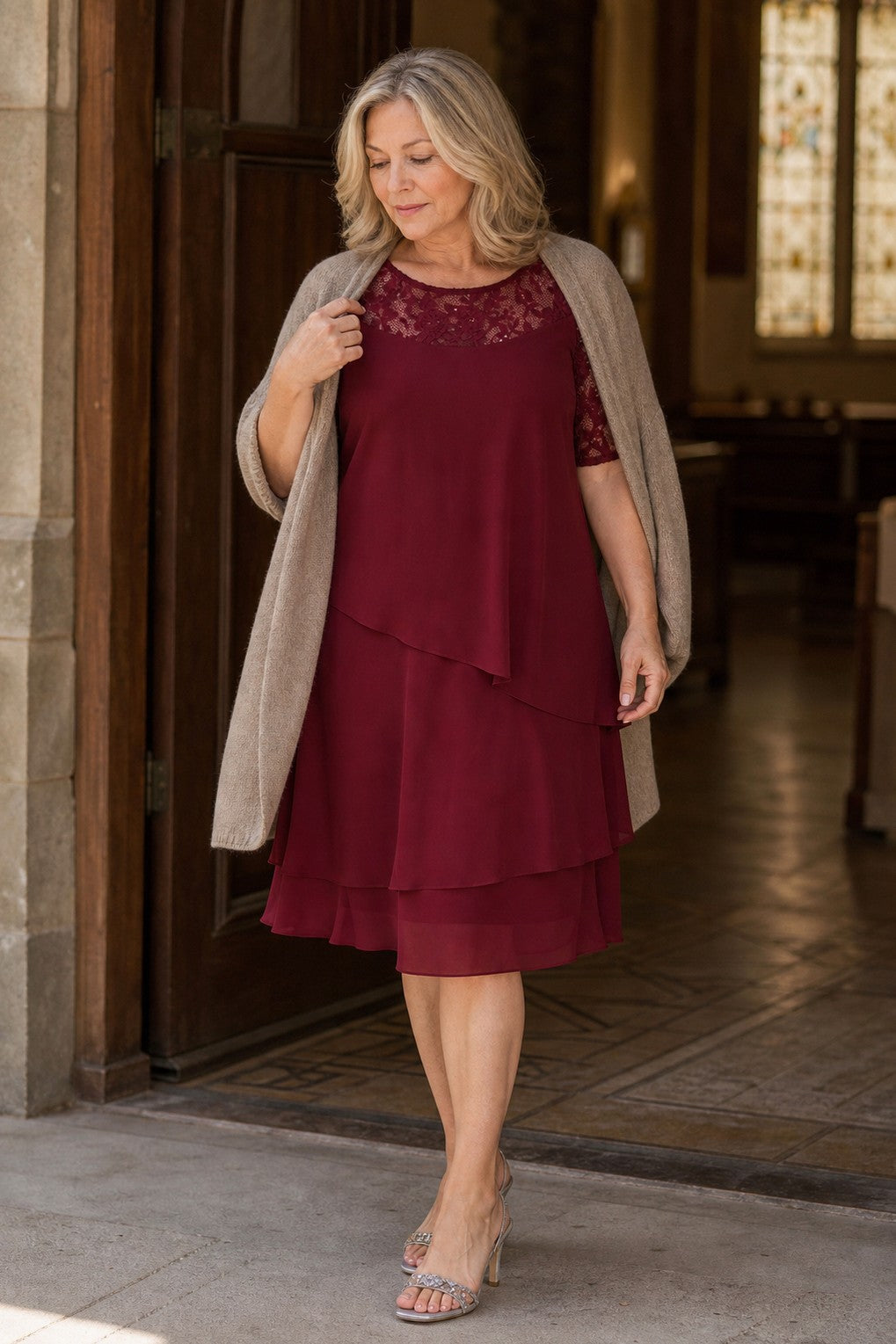 Lace Tiered Chiffon Midi Dress