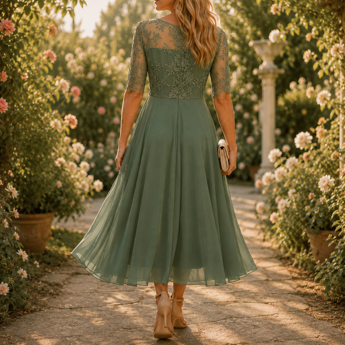 Lace Tiered Chiffon Midi Dress