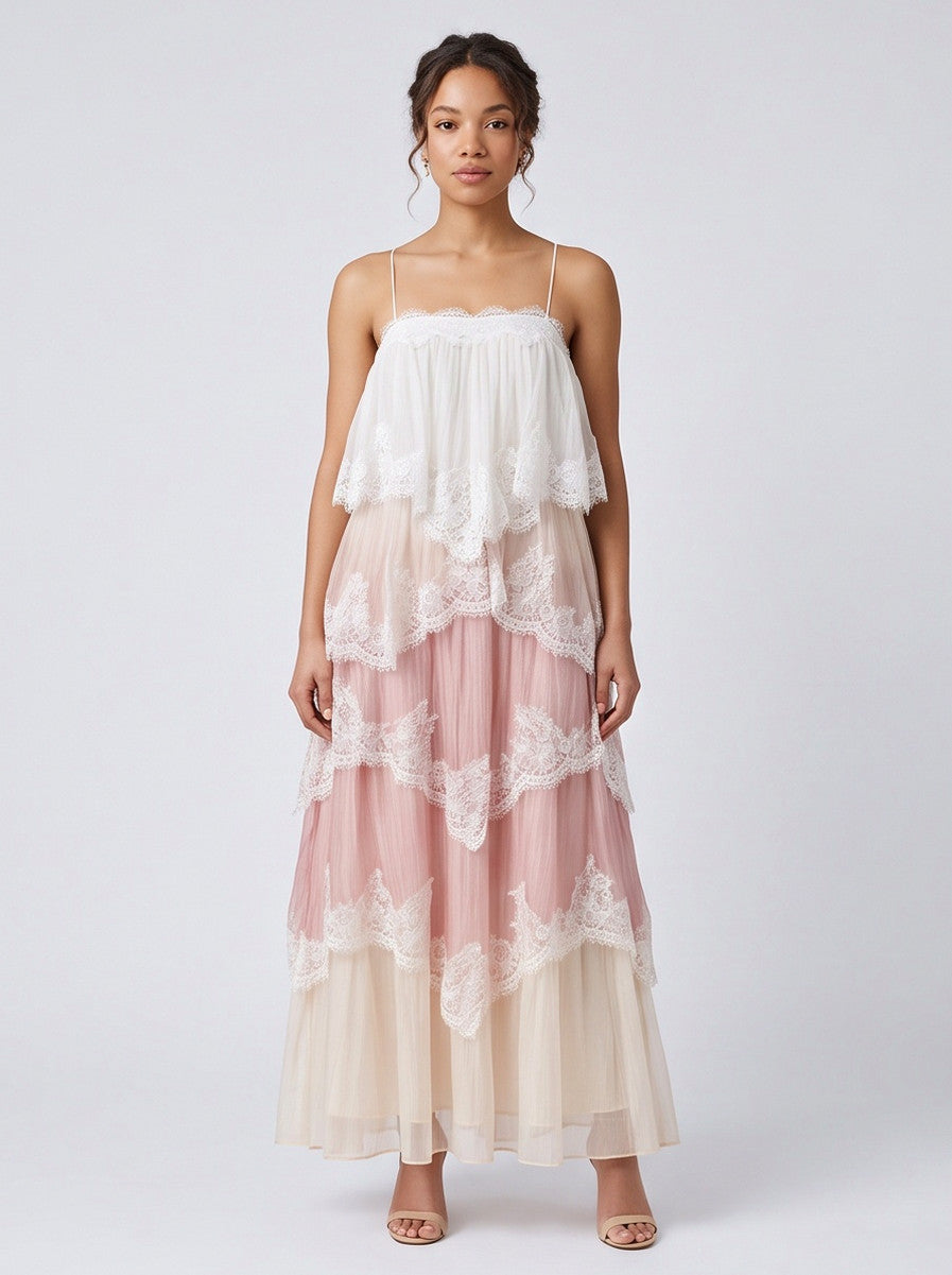 Lace Trim Tiered Backless Maxi Dress