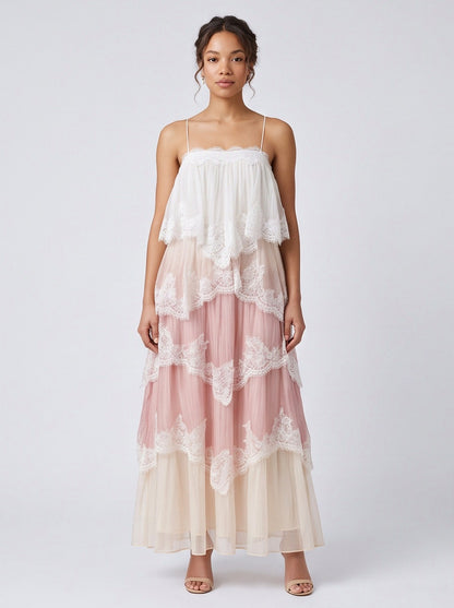 Lace Trim Tiered Backless Maxi Dress