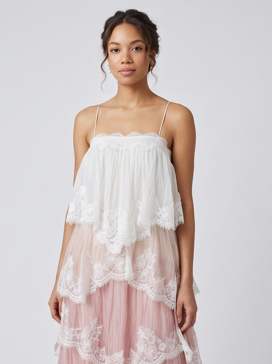 Lace Trim Tiered Backless Maxi Dress