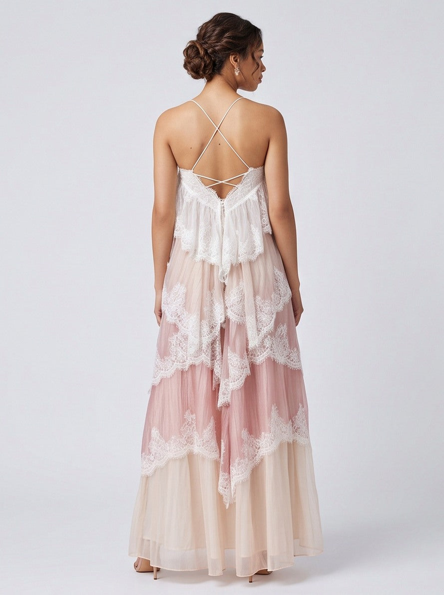 Lace Trim Tiered Backless Maxi Dress