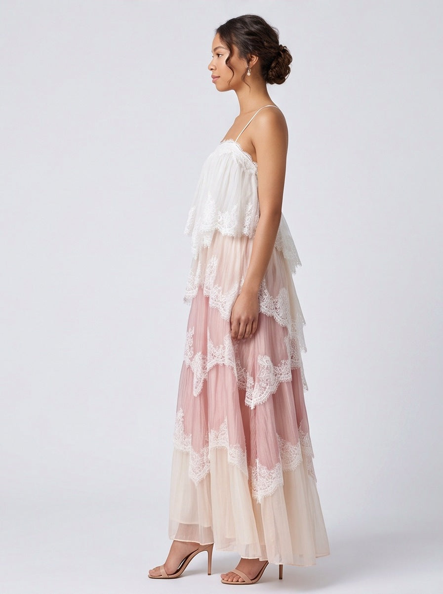 Lace Trim Tiered Backless Maxi Dress