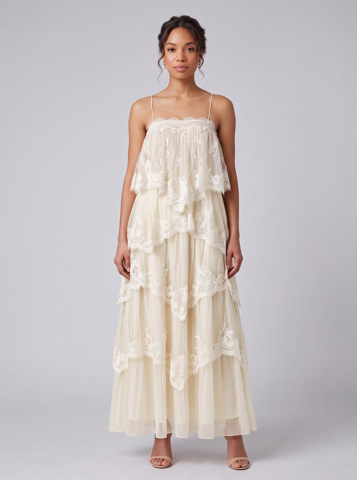 Lace Trim Tiered Backless Maxi Dress