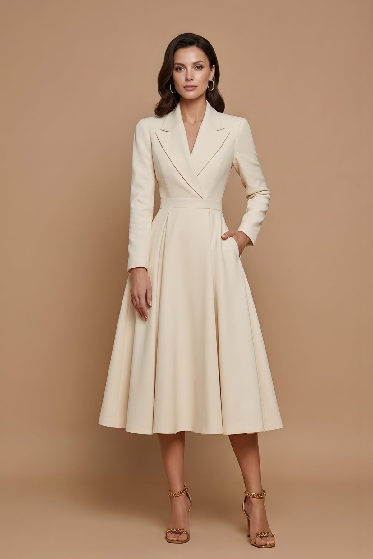 Lapel Collar Long Sleeve Midi Blazer Dress