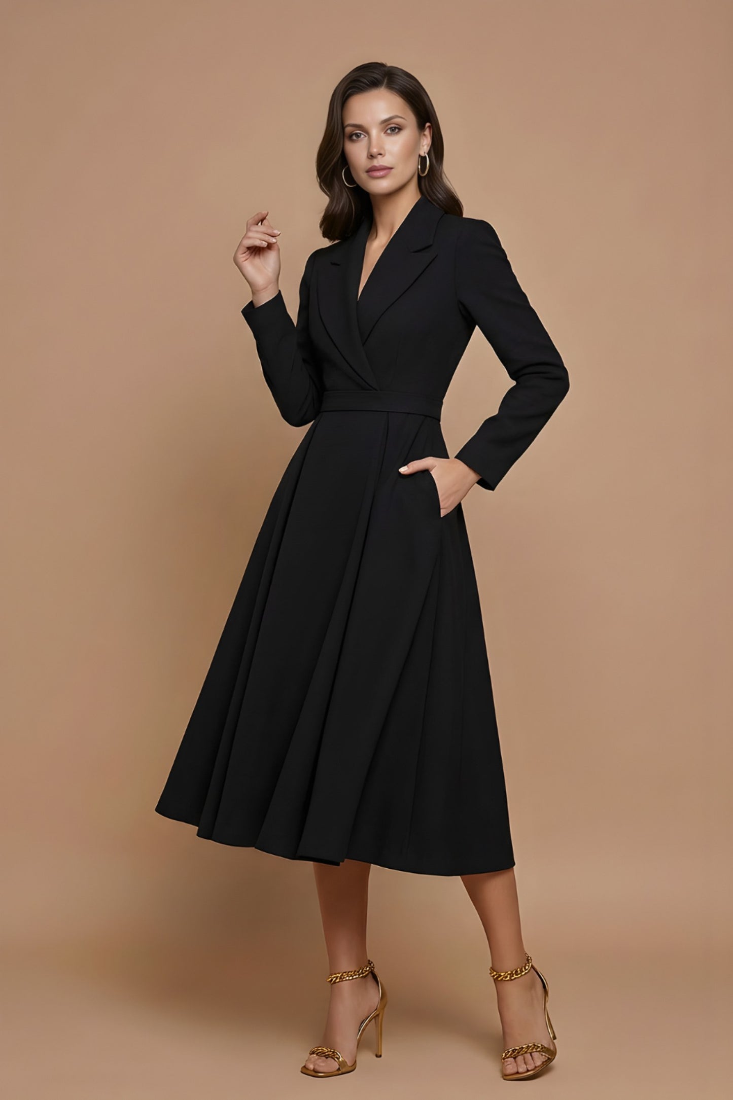 Lapel Collar Long Sleeve Midi Blazer Dress