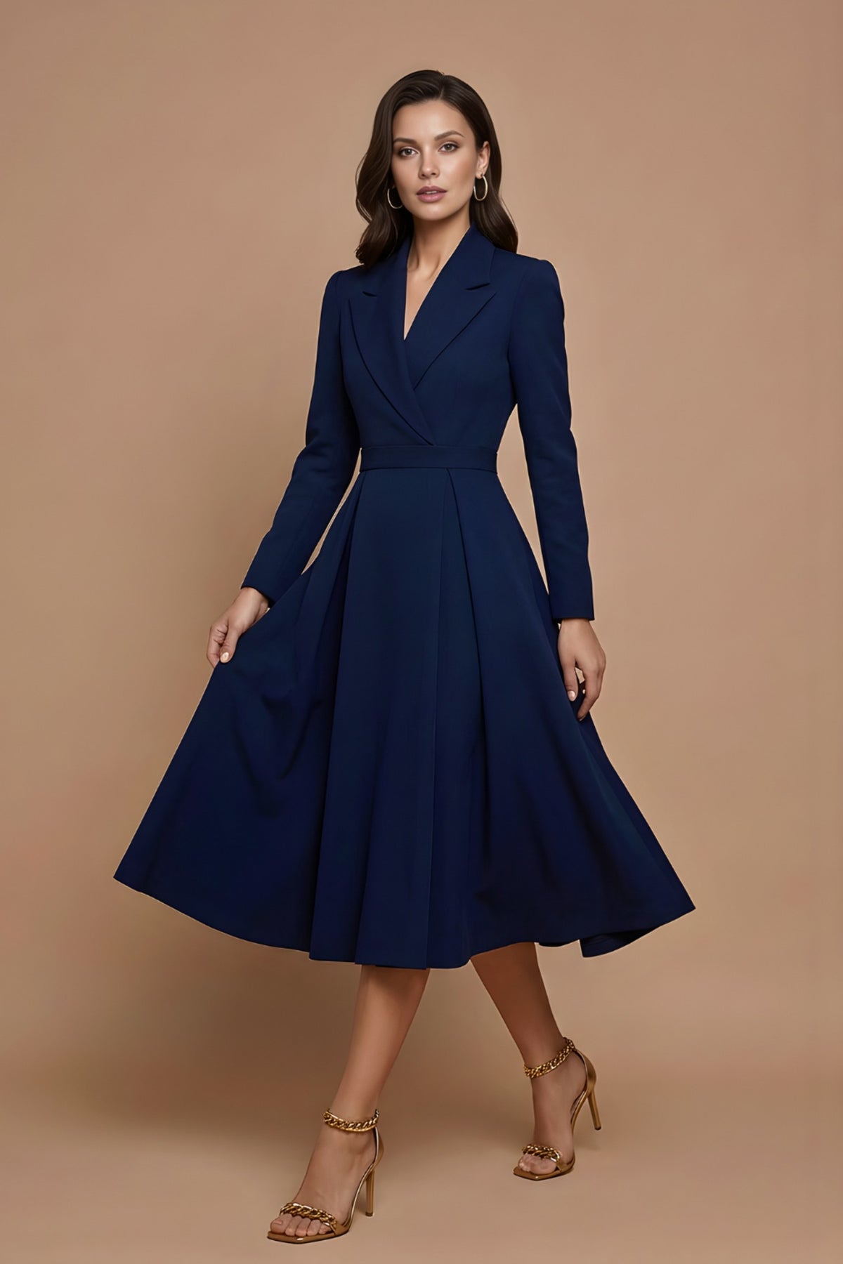 Lapel Collar Long Sleeve Midi Blazer Dress