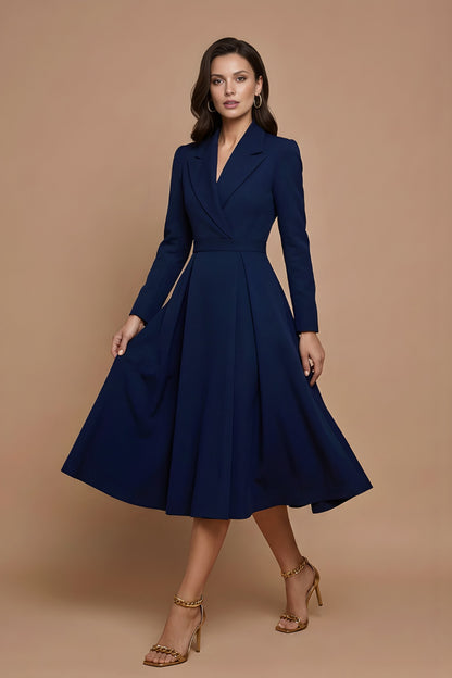 Lapel Collar Long Sleeve Midi Blazer Dress