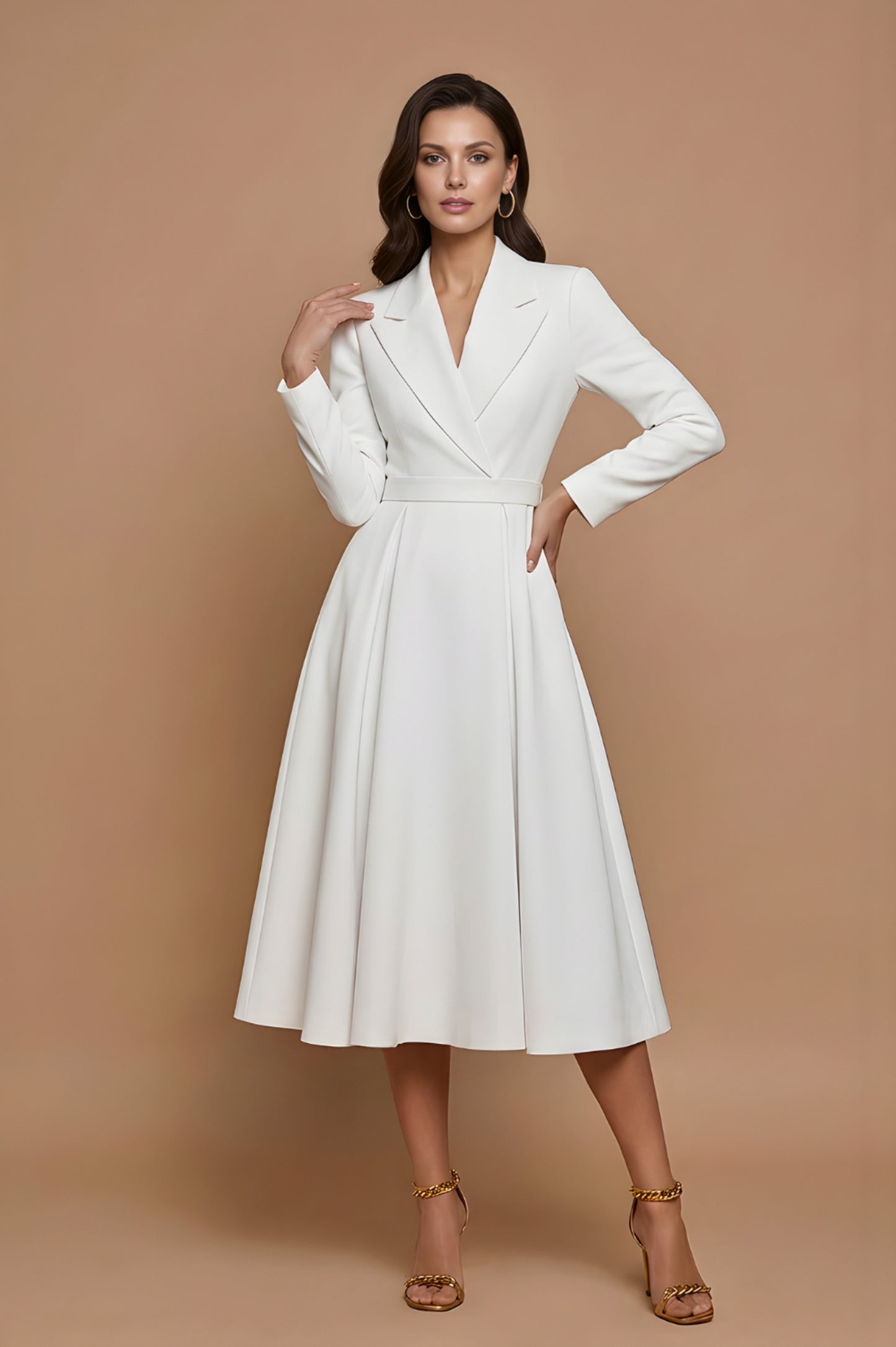 Lapel Collar Long Sleeve Midi Blazer Dress