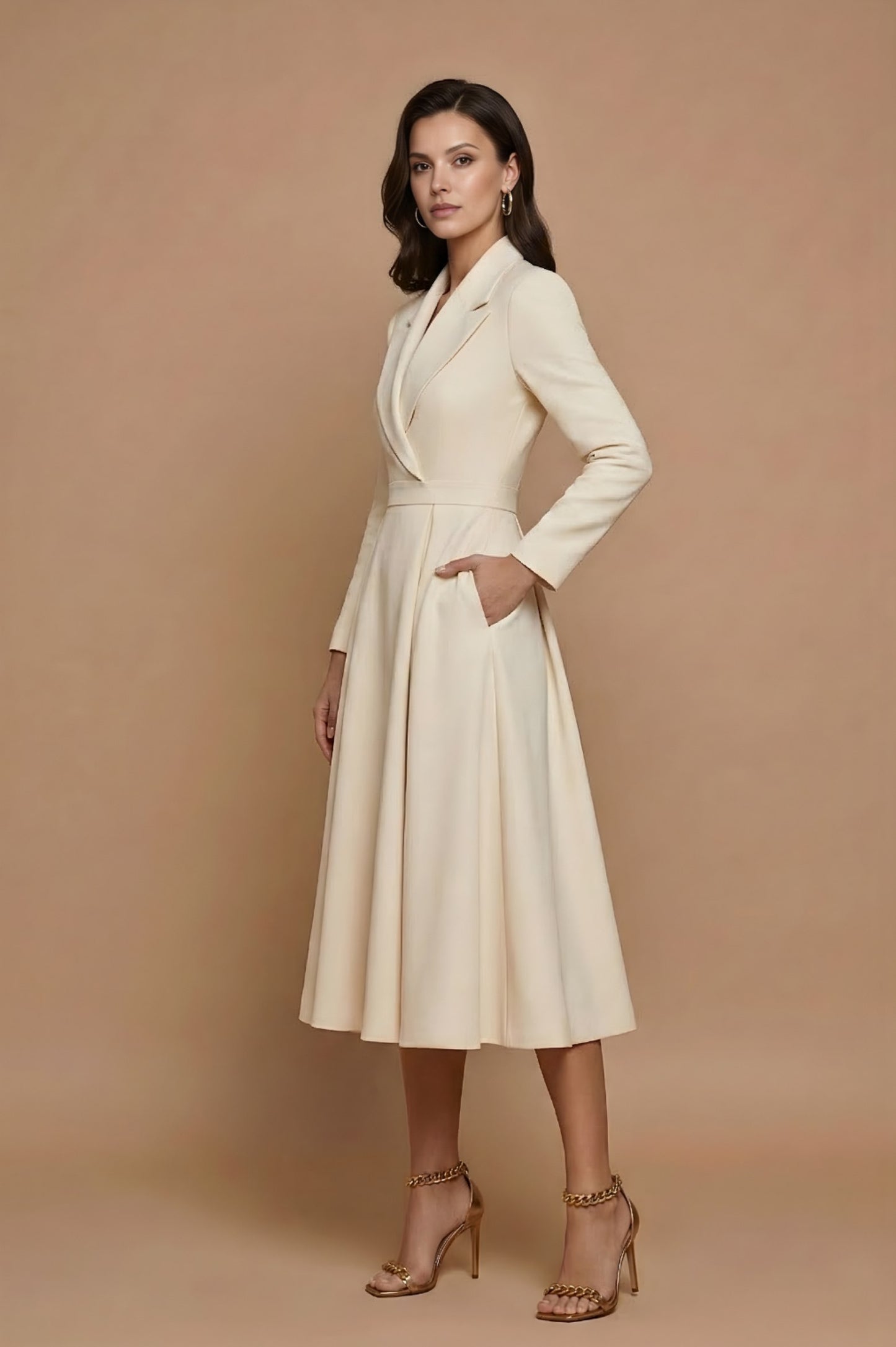 Lapel Collar Long Sleeve Midi Blazer Dress