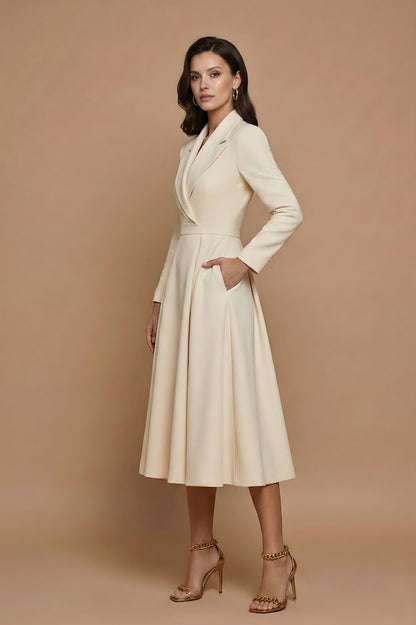 Lapel Collar Long Sleeve Midi Blazer Dress