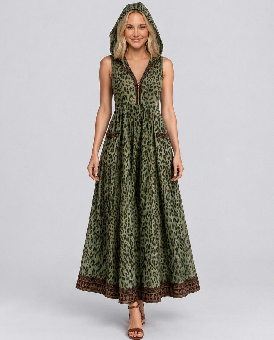Leopard Print Hooded Maxi Dress