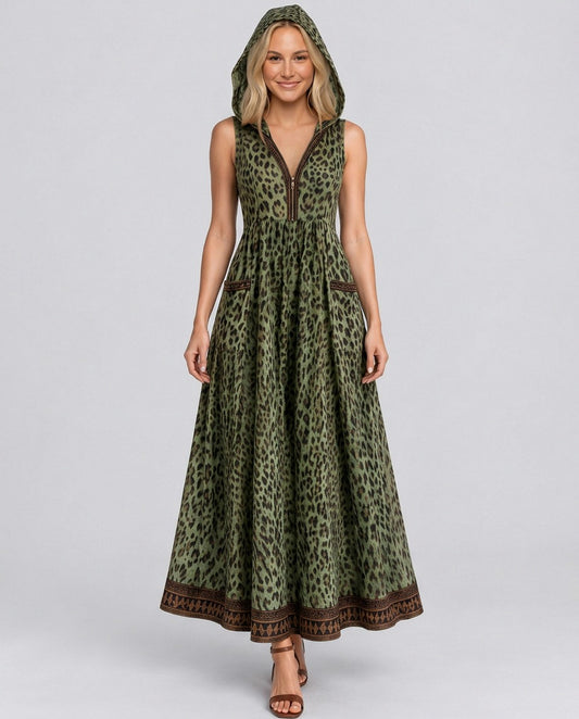 Leopard Print Hooded Maxi Dress