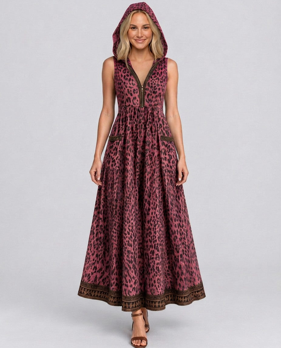 Leopard Print Hooded Maxi Dress