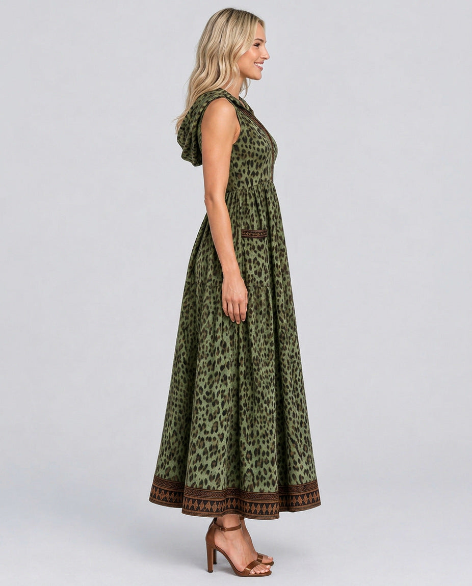 Leopard Print Hooded Maxi Dress