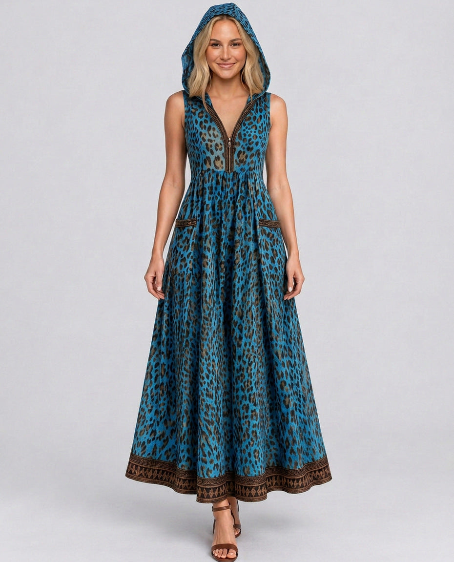 Leopard Print Hooded Maxi Dress