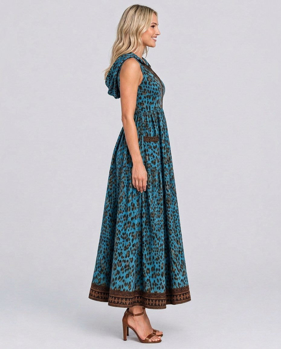 Leopard Print Hooded Maxi Dress