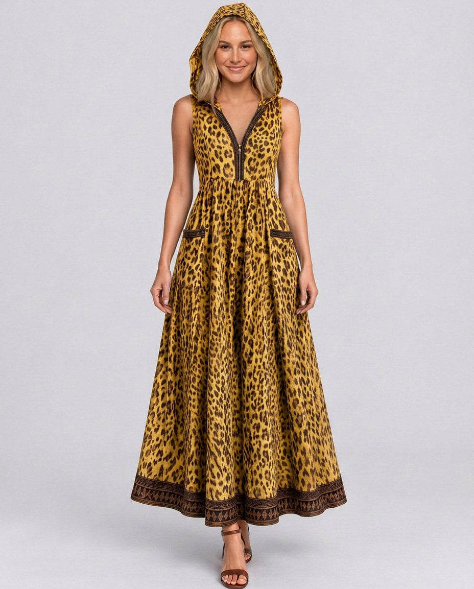 Leopard Print Hooded Maxi Dress